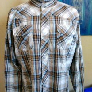 Zoo York mens long sleeve plaid snap on blue gray beige brown collared pockets